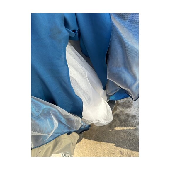 Bella Formals Satin Iridescent Blue Grad Dress Prom Fit & Flare Embellished Gold - Picture 14 of 16